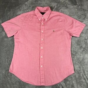 Ralph Lauren Button Up Short Sleeve Shirt Large Slim Fit Pink Hue Red Flesh Pony